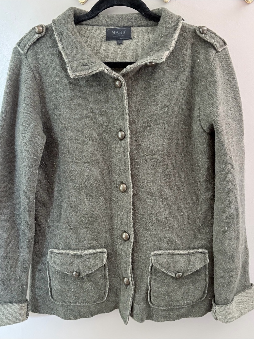 MARY Made in Italy Wool Blend Button Front Knit Jacket Sweater Military Green L